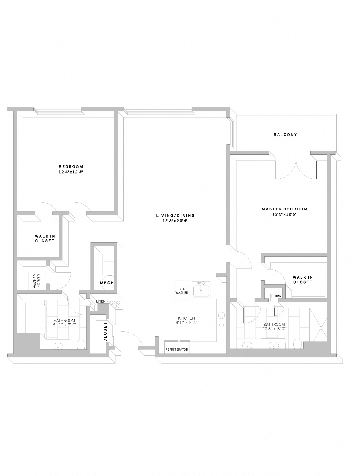 Floor plan for 2 beds, 2 baths, 1196 sqft